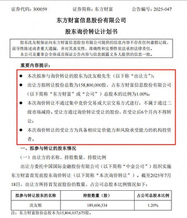 东方财富董事长之父“清仓式”退出？拟协议转让所持1.59亿股，因何转让？