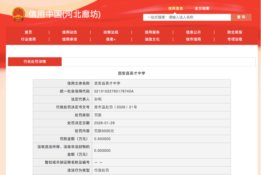 食堂抽检食品中农药残留超标不合格，固安县英才中学被行政处罚