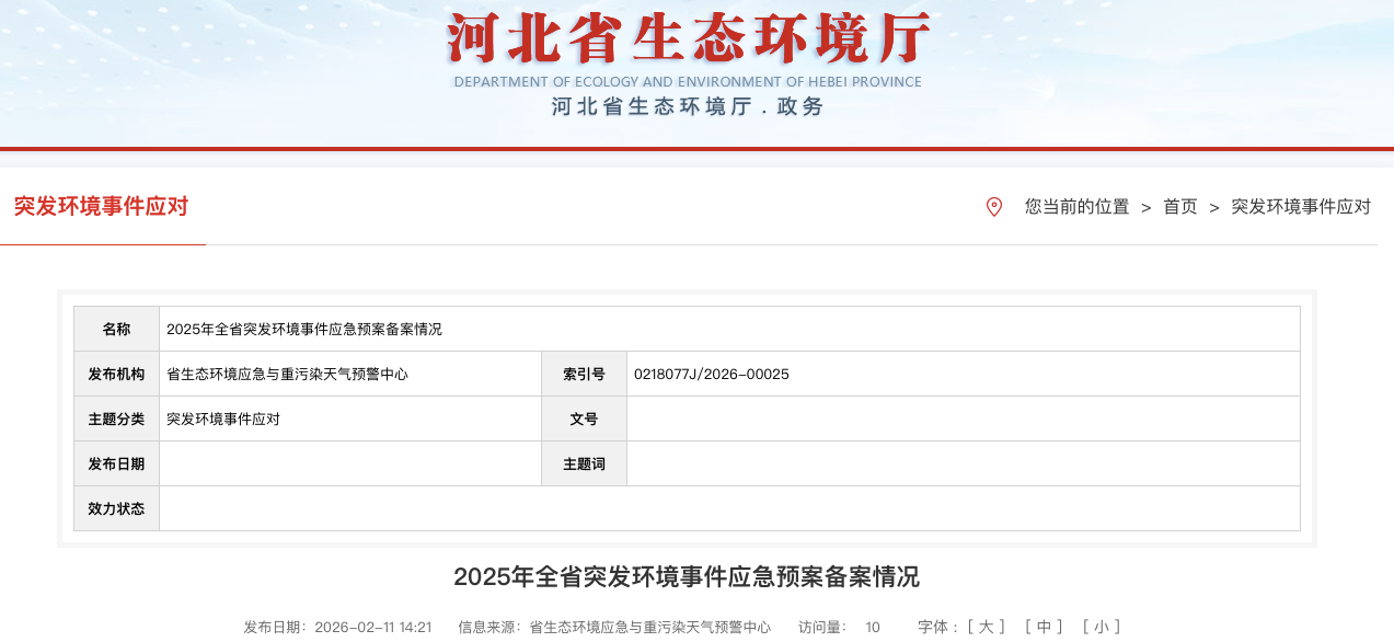 2025年河北省突发环境事件应急预案备案情况公布