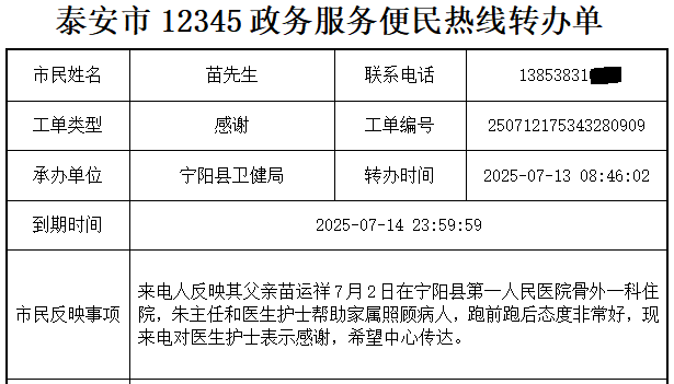 点赞骨外一科医护团队 宁阳县第一人民医院收到“12345”热线表扬工单