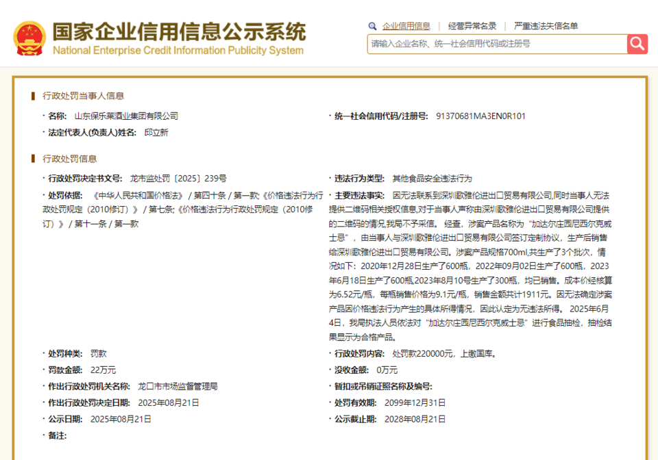 山东保乐莱酒业集团因价格违法行为被处罚22万元