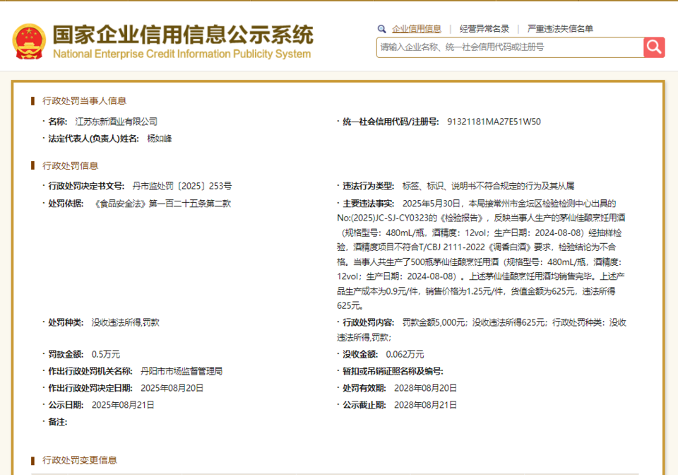 江苏东新酒业有限公司因产品标签不合格被罚5000元
