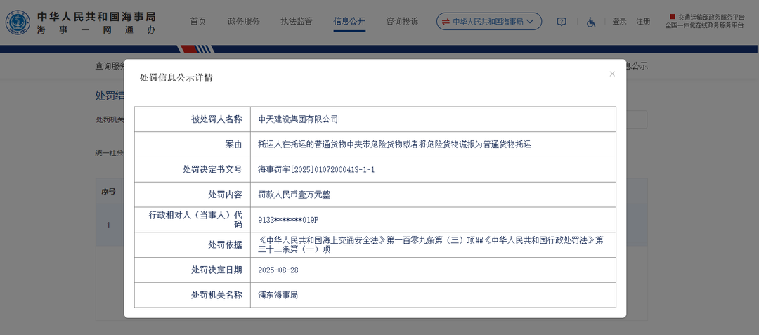 中天建设集团有限公司因违规托运危险货物被浦东海事局处罚1万元