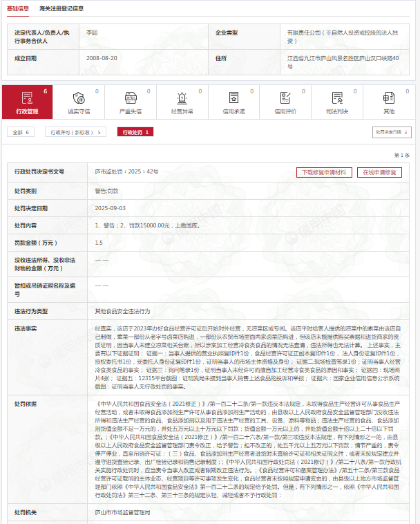 因这类食品安全违法行为，中国供销集团庐山北斗星国际饭店被罚